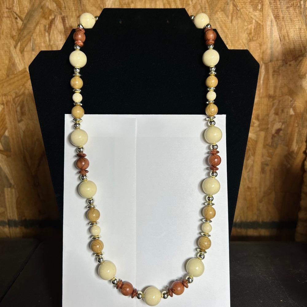 Vintage Chunky Beaded Necklace Cream Tan Brown Wood Silver Spacers 24 Inch